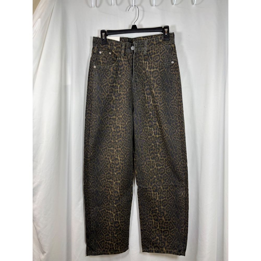 Fashion Leopard Print High Waisted Straight Leg Denim Jeans Brown Black Size S